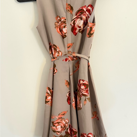 New York & Company Taupe Midi Dress with Red & Pink Floral Print - Picture 2 of 3